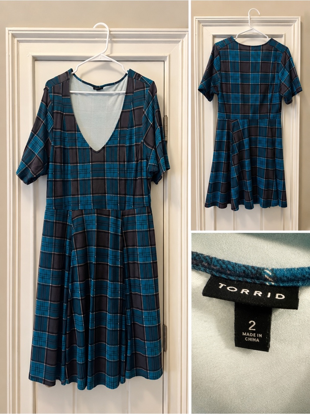 Torrid Size 2 Teal Plaid Fit & Flare Dress Plus Size Deep V Neck Short Sleeve